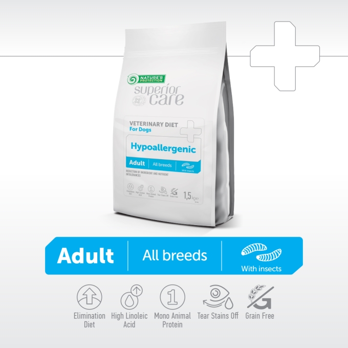 dry dietetic pet food with insect for adult dogs of all breeds prone to